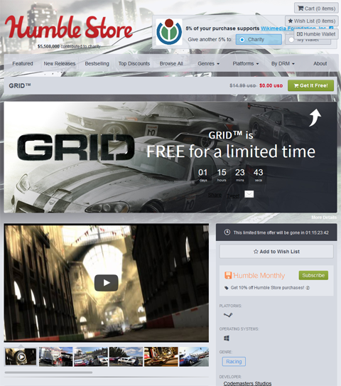 『GRID』Humble Bundleで無料配布中