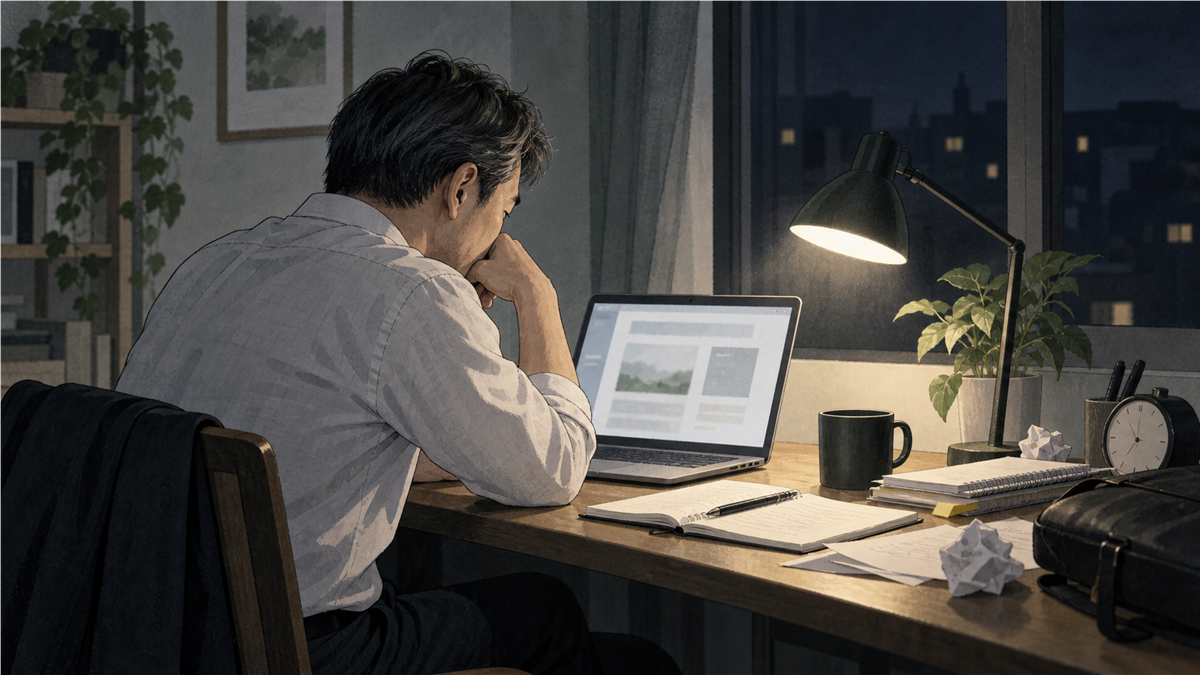 本業のあと、深夜までアフィリエイト作業を続けていた頃のイメージ