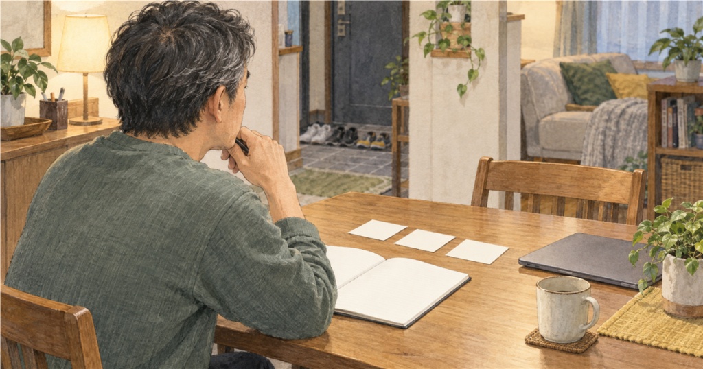 50代男性が家庭で将来の不安と目の前の課題について考えるイメージイラスト