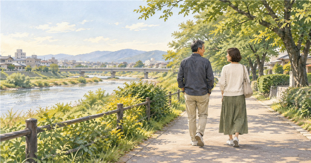50代の夫婦が一緒に過ごす時間を表したイメージイラスト