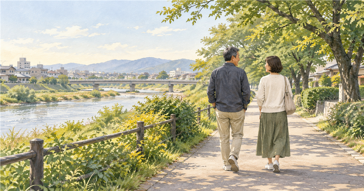 50代の夫婦が一緒に過ごす時間を表したイメージイラスト