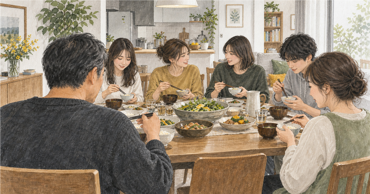 父母と四人の子どもからなる六人家族を表したイメージイラスト