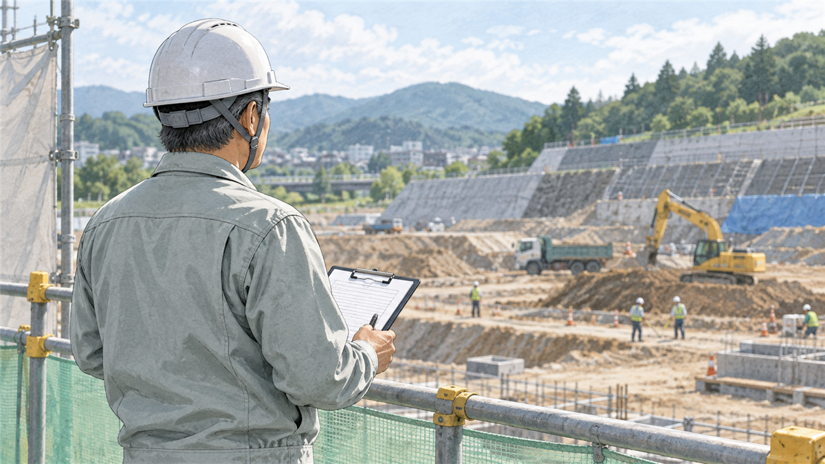 土木工事の現場を見渡す現場監督のイメージ