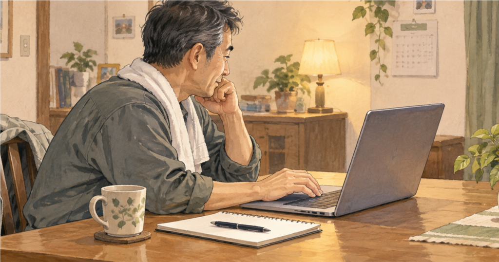 仕事を終えた50代男性が自宅のパソコンでAIを学び始めるイメージイラスト