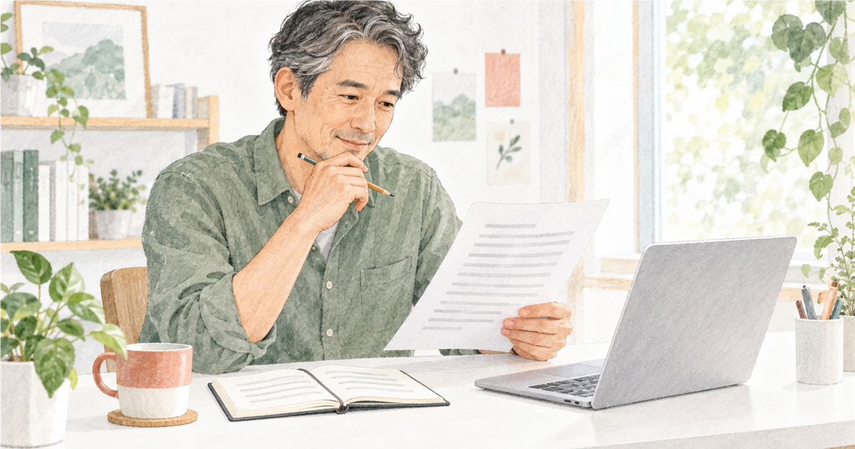 50代男性が原稿と自分の経験メモを読み比べるイメージイラスト