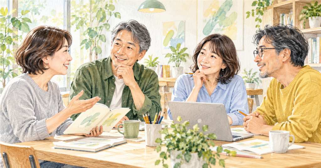 同世代の四人が同じ目線で学び合う将来像のイメージイラスト